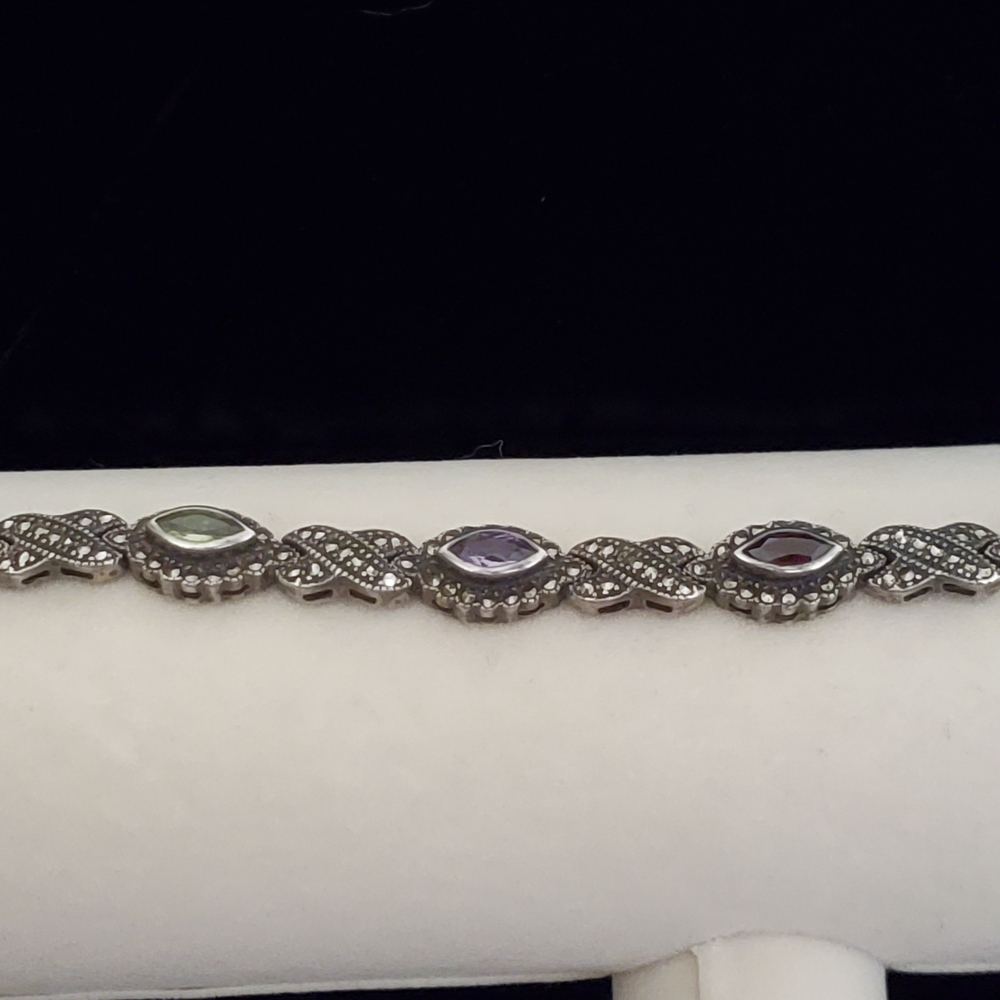 Sterling Silver Multigem Marquise Link Bracelet - Purple, Green, Red